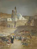 Louis Comfort Tiffany, Market at the Mosque of Abu el Haggag, Luxor, Egypt, 1911, watercolor, gouache, pastel and charcoal on paper laid down on board