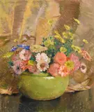 Laura Coombs Hills, Zinnias in a Yellow Bowl, pastel on paper laid down on board