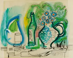 Still Life by Byron Browne, 1956, watercolor, gouache, and ink on paper, sold May 2021