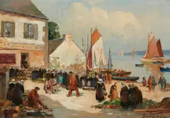 Eugène Demester, Breton Seaport, oil on canvas