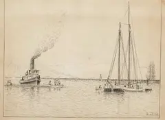 William A. Coulter, San Francisco Wreck (Capsized British Bark Blairmore with Tug Alert and Scow Schooner Twin Sisters), pen and ink on paper