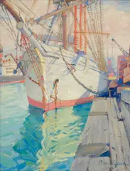Barkentine Georgina (San Pedro, California) by Joe Duncan Gleason, oil on canvasboard, sold Dec 2020