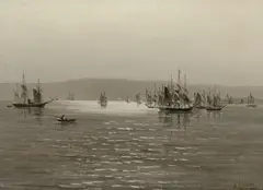Constant L'Aubiniere, San Francisco Harbor Scene, 1888, oil on board (en grisaille)