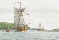 Mark Richard Myers, Shelikhov's Ships Enter Three Saints Harbour, watercolor on paper
