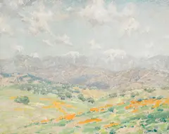 Granville Redmond, A Field of Poppies with Snowcapped Mountains in the Distance, oil on Masonite