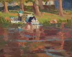Laundry - Douarnenez - France by George Kennedy Brandriff, 1929, oil on canvas affixed to board, sold Dec 2020