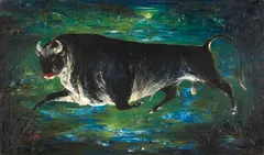 Darrel Austin, Swampland Catamount; The Toad; Giraffe; The Pet Lion; First Excursion; The Black Bull (a group of six), 1952, Lion pastel on paper; Giraffe oil on Masonite; the rest oil on canvas