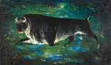 Darrel Austin, Swampland Catamount; The Toad; Giraffe; The Pet Lion; First Excursion; The Black Bull (a group of six), 1952, Lion pastel on paper; Giraffe oil on Masonite; the rest oil on canvas