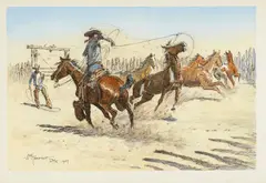 John Wade Hampton, Lasso Them Horses!, watercolor, pen and ink on Arches wove paper