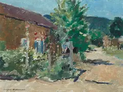 Charles Berninghaus, Hollyhocks Blooming in New Mexico (Corner at Mora, New Mexico), oil on canvasboard