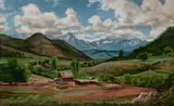 Dean Fausett, Barn and Ranch in San Juan Mountains, oil on Masonite