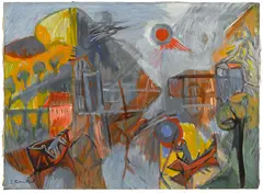 Bruno Krauskopf, Landschaft des Central Park, das Loeb Bootshaus, circa 1948-52, oil on canvas