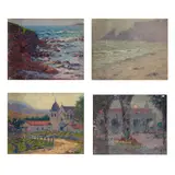 John W. Bentley, Mission By A Road; Moonlit Mission; Waves Crashing On A Rocky Coast; Waves On The Beach (a group of four)