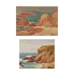 Figures on a beach; and a companion painting (two) by Dana Bartlett, both oil on canvasboard, offered Feb 2020