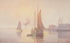 Percy A. Sanborn, A tranquil harbor, watercolor on paper
