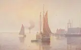 Percy A. Sanborn, A tranquil harbor, watercolor on paper