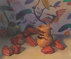 Maurice Del Mue, Still life with peppers and a ceramic pitcher, 1931, oil on board