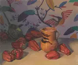 Maurice Del Mue, Still life with peppers and a ceramic pitcher, 1931, oil on board
