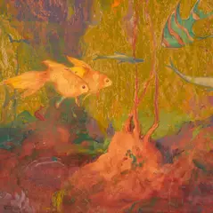 Undersea Study [Golden Oranda and Angel Fish] (a pair) by Dana Bartlett, 1933, both oil and graphite on board, sold Aug 2020
