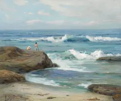 Fishing in the surf by Angel Espoy, oil on canvas, sold Aug 2020