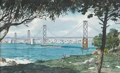 James March Phillips, A View of the Bay Bridge, Looking Toward San Francisco from Clipper Cove Beach on Yerba Buena Island, watercolor on paper