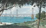 James March Phillips, A View of the Bay Bridge, Looking Toward San Francisco from Clipper Cove Beach on Yerba Buena Island, watercolor on paper