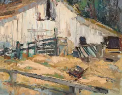 The Barn; Harbor Study (double-sided) by Si Chen Yuan, oil on Masonite; mixed media on Masonite, sold Aug 2020