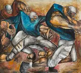 Ernie Barnes, Football Players, oil on canvas