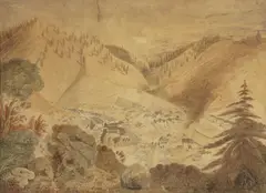 Peter Toft, A View of Downieville, California in Autumn; A Sierra Gold Mine in Winter, thought to be near Downieville (a group of two), circa 1856, both watercolor on paper laid down to board