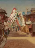 Theodore Wores, Theater Street, Tokyo, circa 1895, oil on board