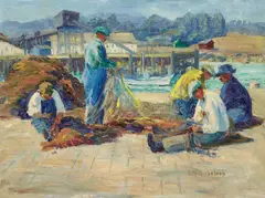 Monterey fishermen tending nets by Lillie May Nicholson, oil on Masonite, sold Mar 2020