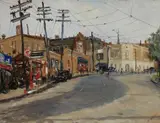 Alfred S. Mira, Street scene, oil on canvasboard