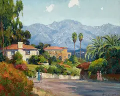 Pasadena street scene with Mt. Wilson beyond by Christian Siemer, 1927, oil on canvas, sold Mar 2020