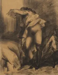 Nude Woman with Black Stockings Disrobing by Everett Shinn, 1911, charcoal on paper laid down on board, sold Jul 2020