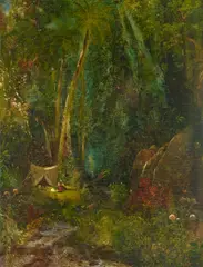 Thomas Moran, Seminole Village in the Everglades 1860 (Seminole Indians Encamped in a Clearing in a Florida Swamp), 1860, oil on paper laid down on board