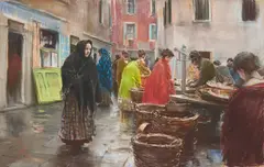 Robert Frederick Blum, Italian Market Scene, 1888, pastel on paper tacked over wooden stretchers