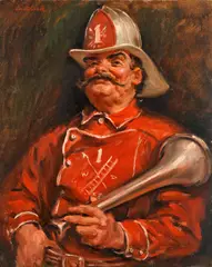 Firefighter by Edmund Franklin Ward, oil on canvasboard, sold Jul 2020