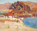 Maurice Logan, Houses and beachgoers along Belvedere Cove, oil on board