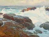 Surf at Laguna Beach (Wave Beaten Rocks) by Edgar Alwin Payne, oil on board, sold Apr 2019