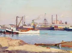 Ferdinand Kaufmann, Los Angeles harbor, oil on board