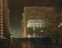 Frank Coburn, Busy Downtown Evening (Los Angeles), oil on canvas