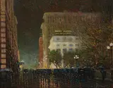 Frank Coburn, Busy Downtown Evening (Los Angeles), oil on canvas