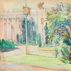 Donna N. Schuster, Panama Pacific Grounds, San Francisco; The Swimming Pool (a double-sided work), circa 1915, watercolor and graphite on paper