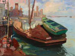Fishing boats and fishermen by Franz Bischoff, oil on canvas, sold Apr 2019