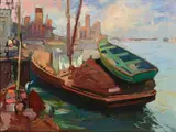 Fishing boats and fishermen by Franz Bischoff, oil on canvas, sold Apr 2019