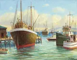Busy Harbor by Paul Grimm, 1970, oil on canvas, sold Apr 2019