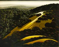 Eyvind Earle, Fields of gold, oil on Masonite