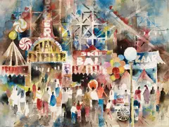 Jack Laycox, Boardwalk Holiday (The Giant Dipper, Santa Cruz), watercolor and graphite on paper