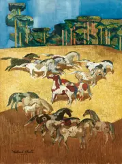 Horses by Millard Sheets, 1974, watercolor, felt-tip pen and graphite on paper, sold Apr 2019