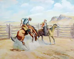George Phippen, Two Riders (The Blindfold), 1948, watercolor and graphite on illustration board